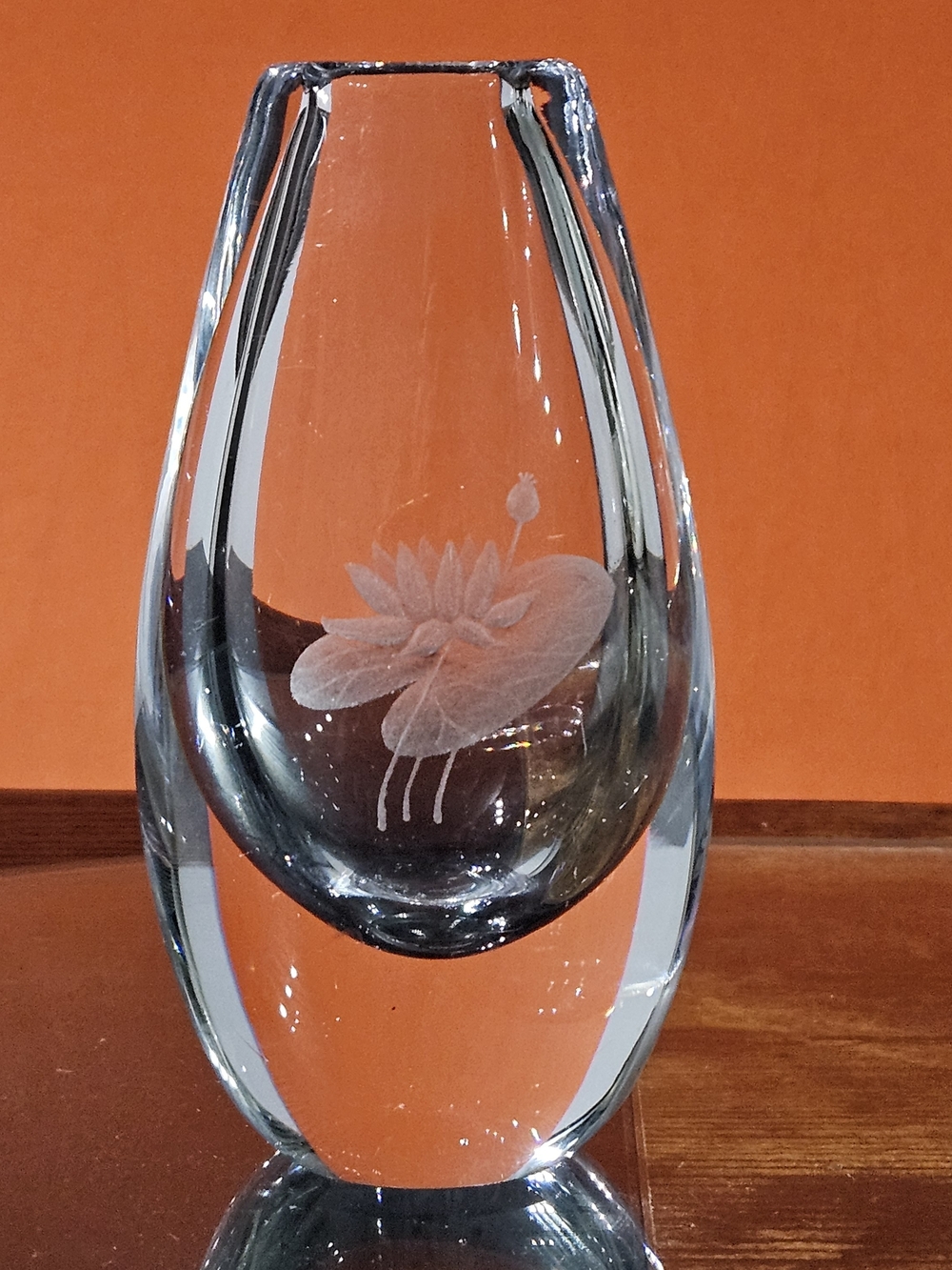 MCM Clear Glass Etched Lotus Vase - Kosta